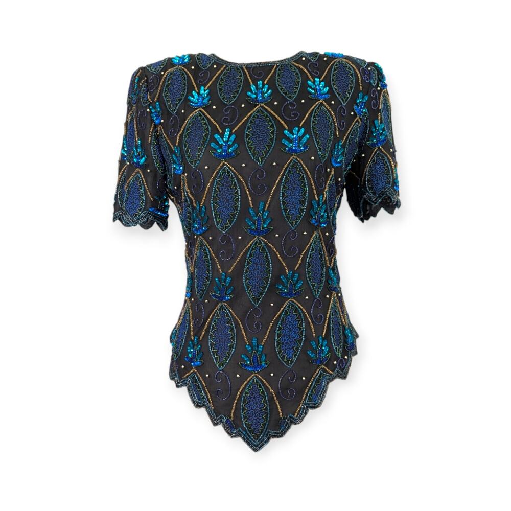 Laurence Kazar Black Beaded Silk Evening Top Size Small Petite Short Sleeves